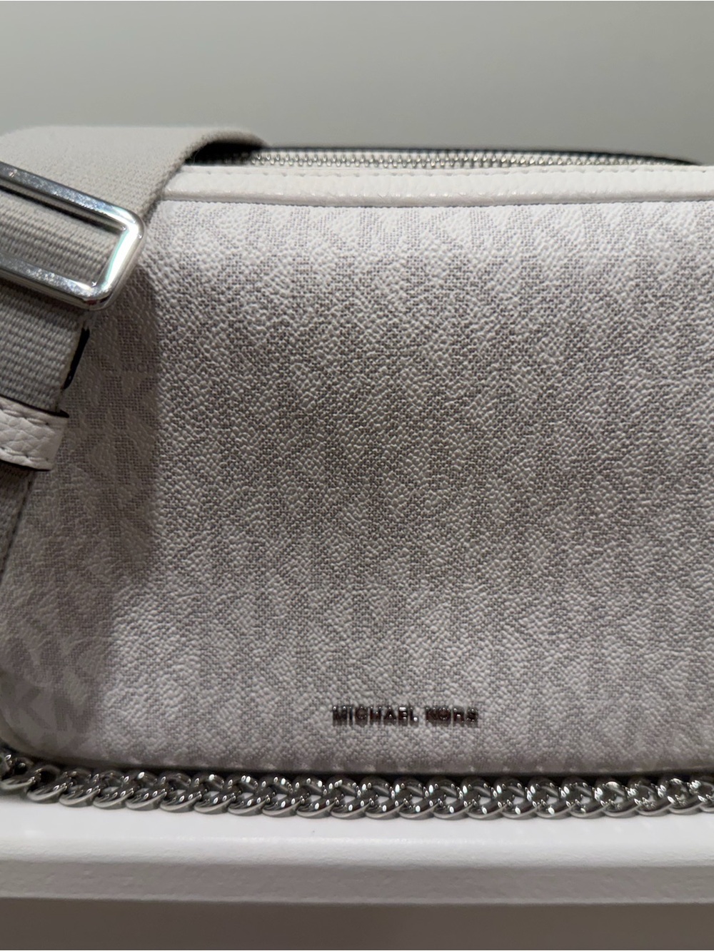 Michael Kors White Signature Crossbody with Silver Chain